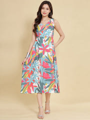 Women White Ethnic Motifs Digital Print Fit and Flare Midi Dress