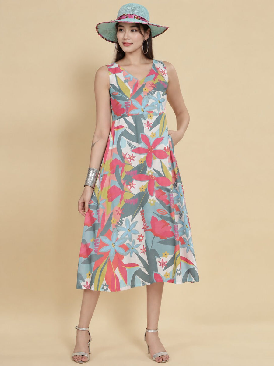 Women White Ethnic Motifs Digital Print Fit and Flare Midi Dress
