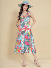 Women White Ethnic Motifs Digital Print Fit and Flare Midi Dress