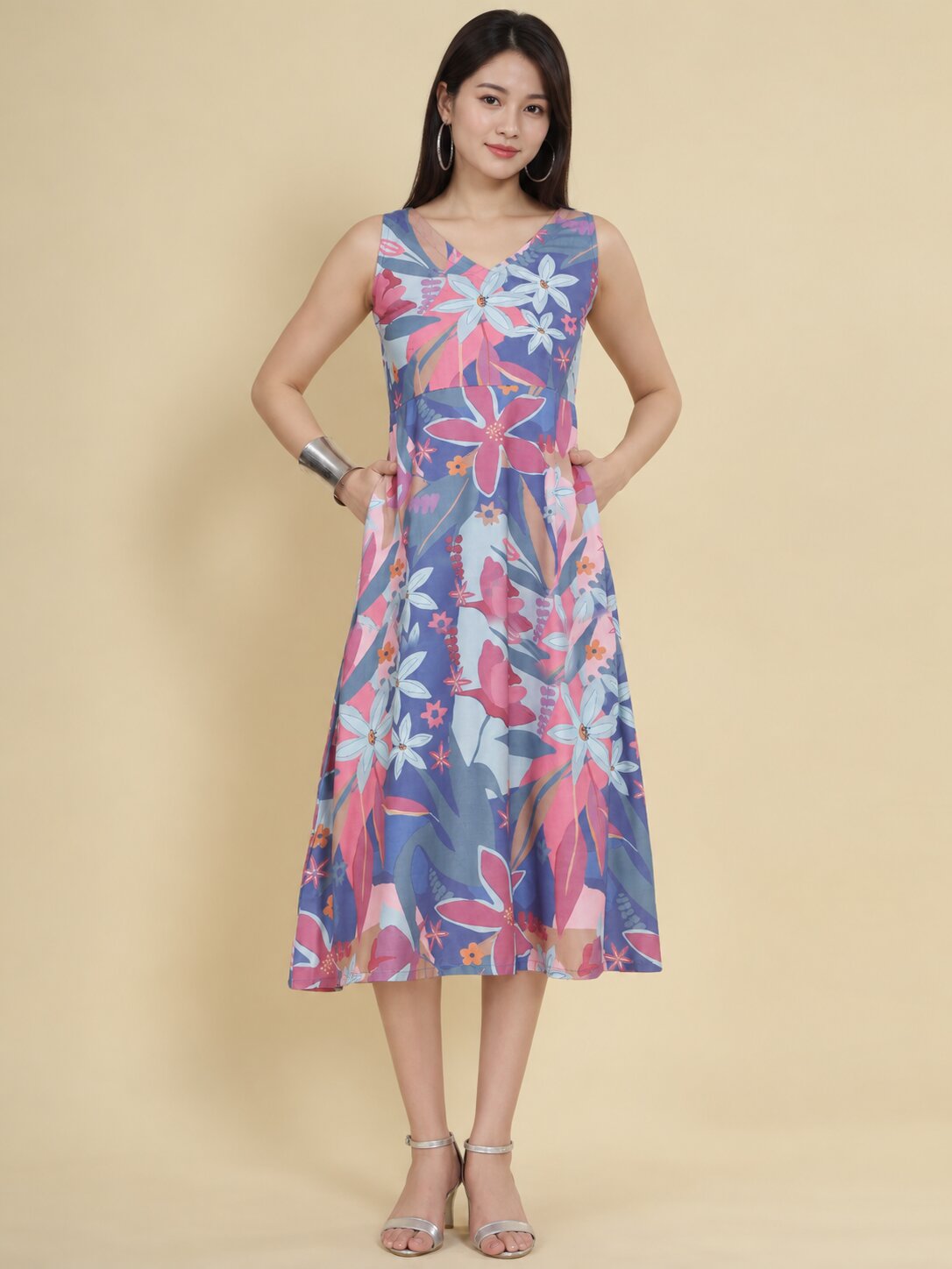 Women Lavender Ethnic Motifs Digital Print Fit and Flare Midi Dress