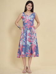 Women Lavender Ethnic Motifs Digital Print Fit and Flare Midi Dress