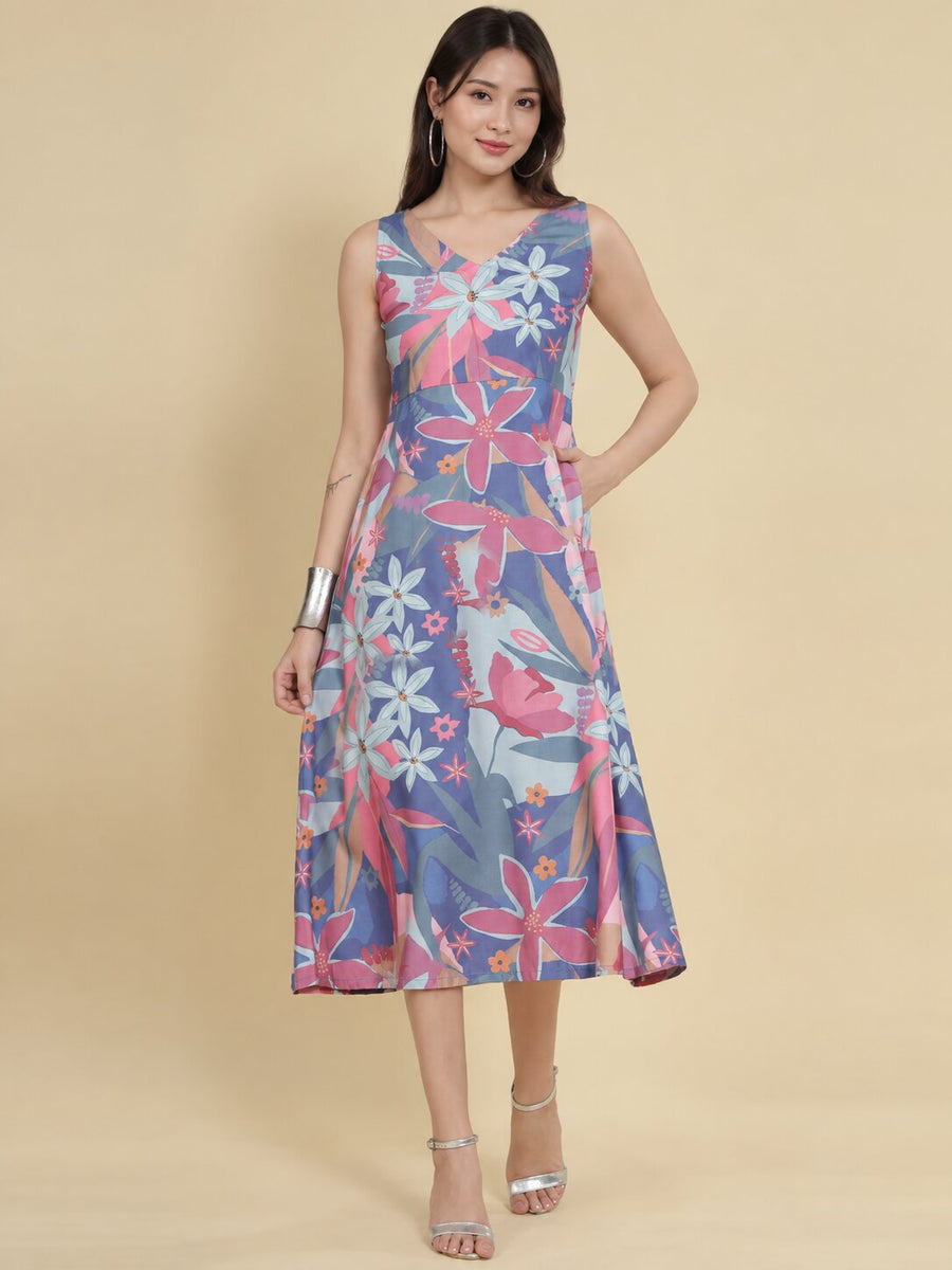 Women Lavender Ethnic Motifs Digital Print Fit and Flare Midi Dress
