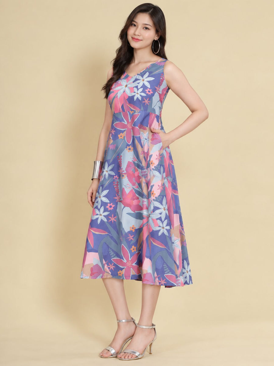 Women Lavender Ethnic Motifs Digital Print Fit and Flare Midi Dress