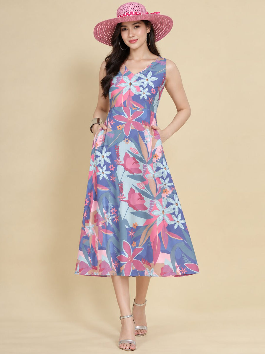 Women Lavender Ethnic Motifs Digital Print Fit and Flare Midi Dress