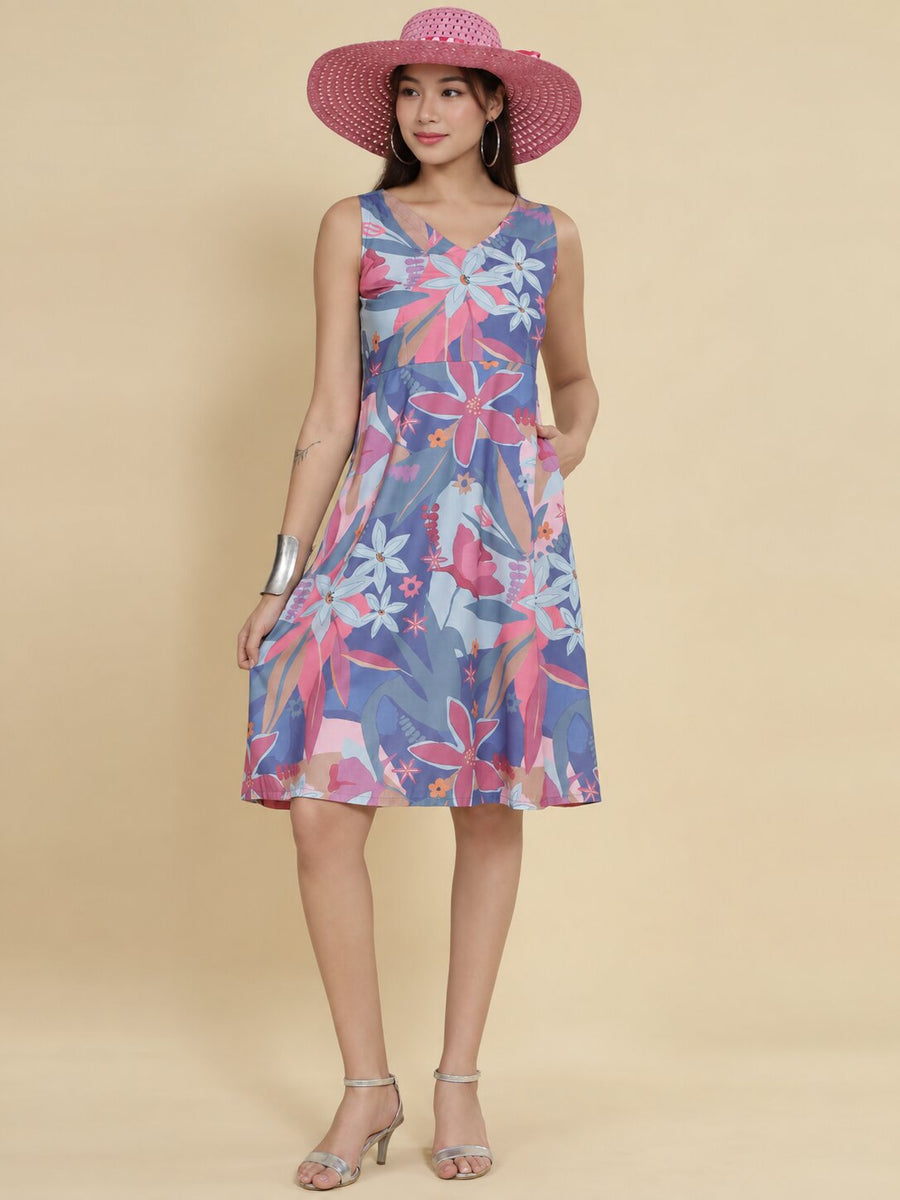 Women Lavender Ethnic Motifs Digital Print Fit and Flare Midi Dress