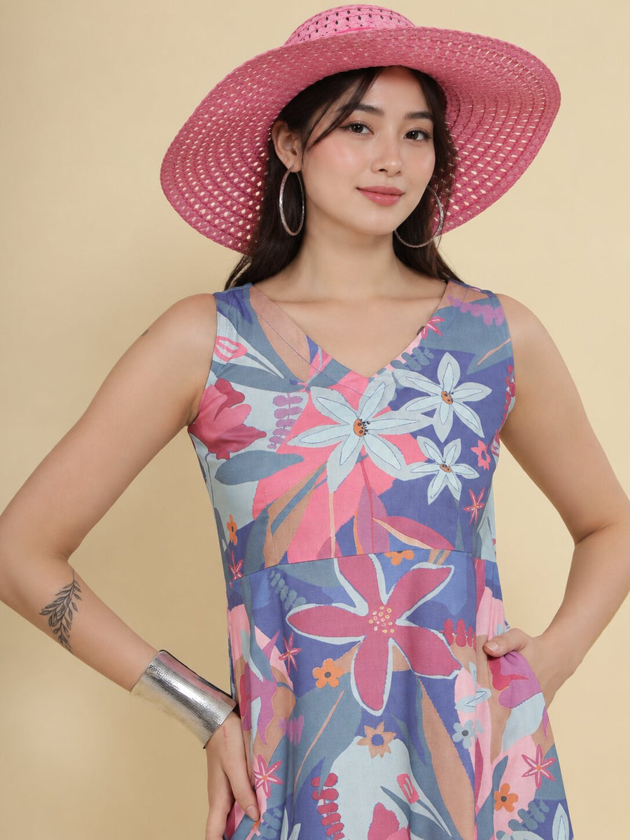 Women Lavender Ethnic Motifs Digital Print Fit and Flare Midi Dress