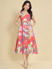 Women Red Ethnic Motifs Digital Print Fit and Flare Midi Dress