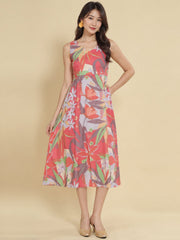 Women Red Ethnic Motifs Digital Print Fit and Flare Midi Dress