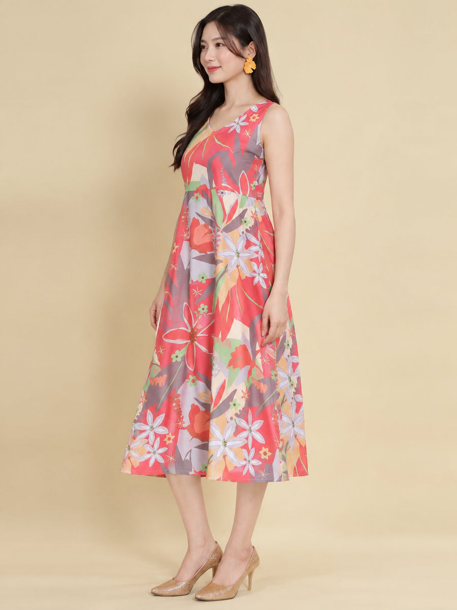 Women Red Ethnic Motifs Digital Print Fit and Flare Midi Dress
