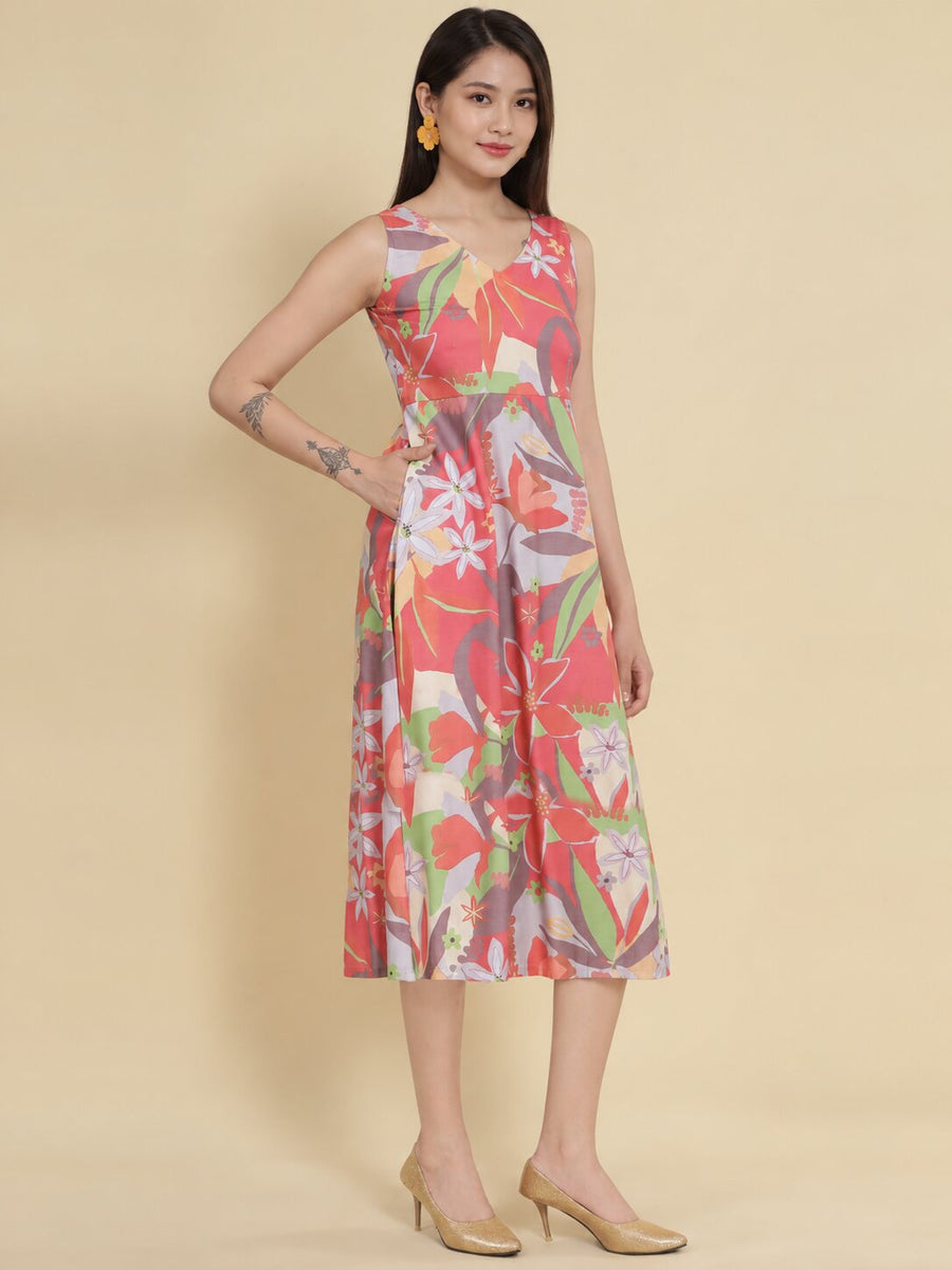 Women Red Ethnic Motifs Digital Print Fit and Flare Midi Dress