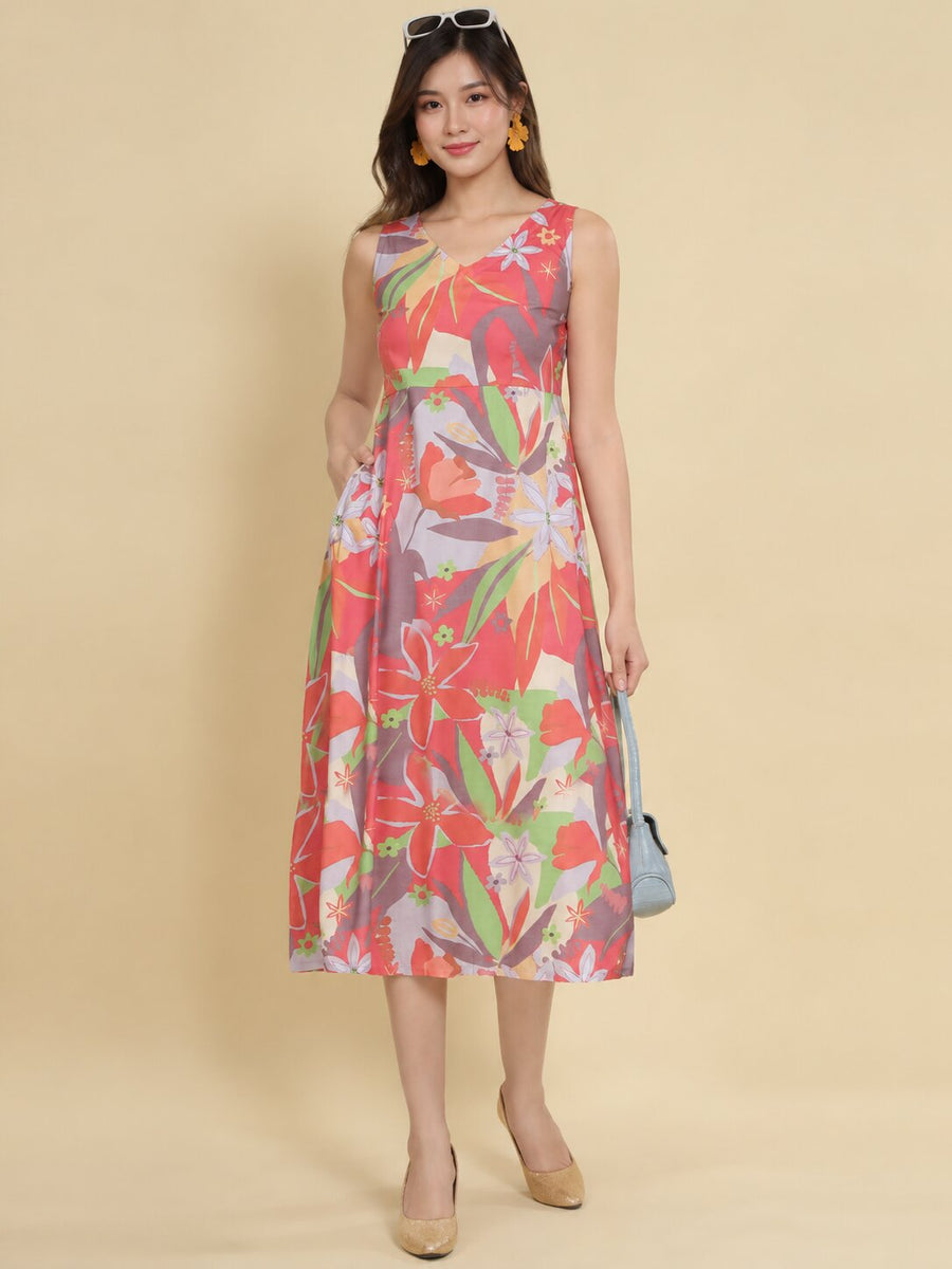 Women Red Ethnic Motifs Digital Print Fit and Flare Midi Dress