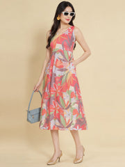Women Red Ethnic Motifs Digital Print Fit and Flare Midi Dress