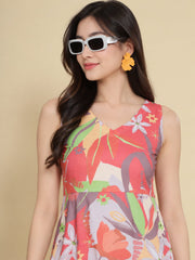 Women Red Ethnic Motifs Digital Print Fit and Flare Midi Dress