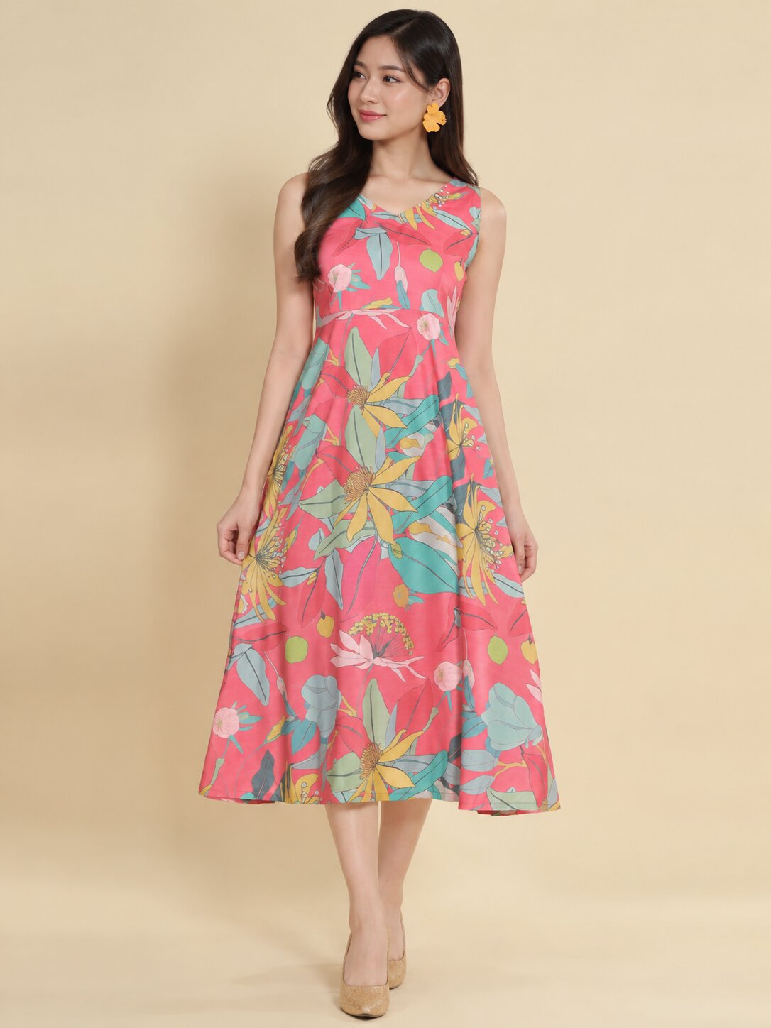 Women Pink Ethnic Motifs Digital Print Fit and Flare Midi Dress