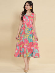 Women Pink Ethnic Motifs Digital Print Fit and Flare Midi Dress