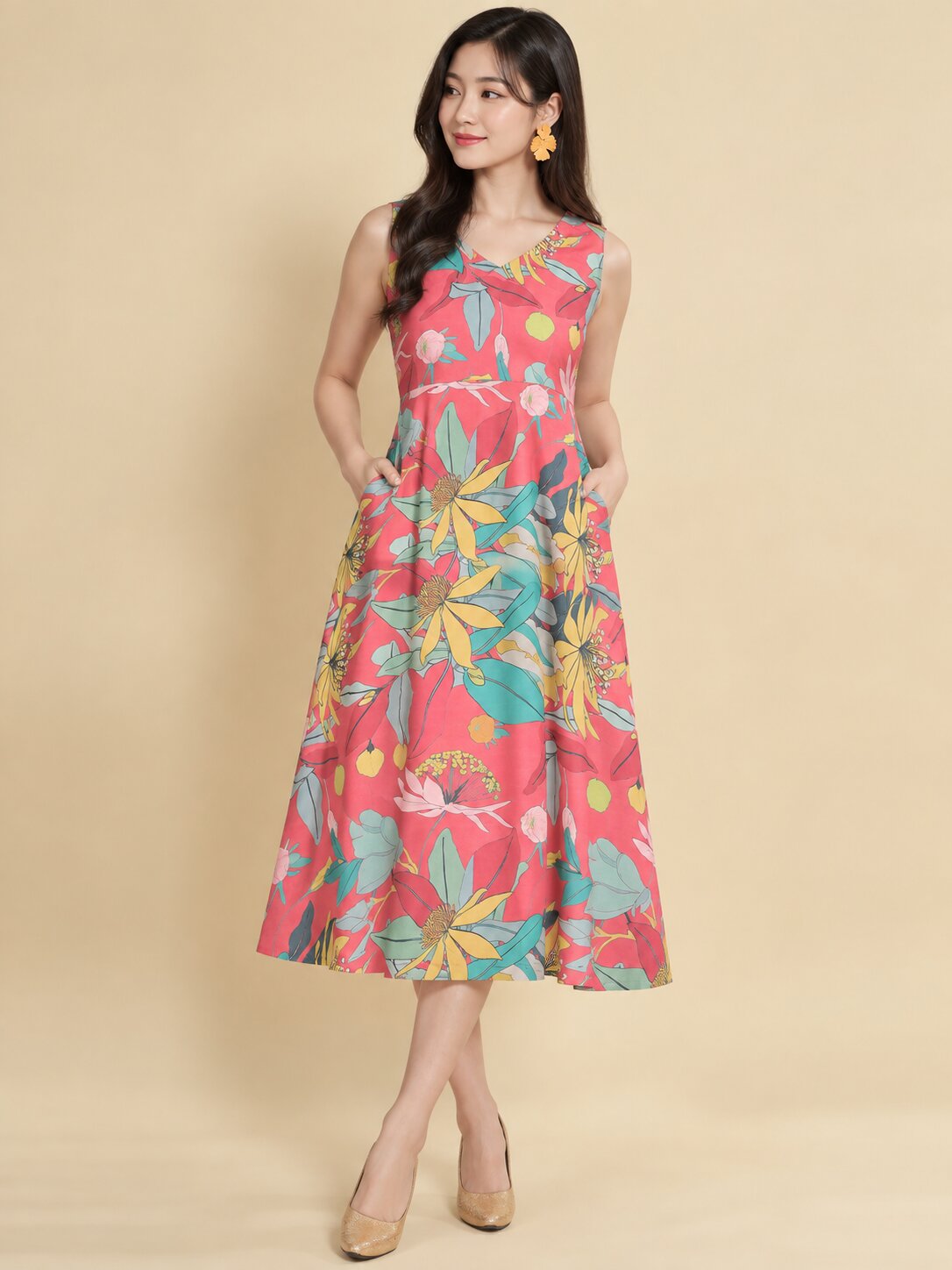 Women Pink Ethnic Motifs Digital Print Fit and Flare Midi Dress