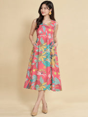 Women Pink Ethnic Motifs Digital Print Fit and Flare Midi Dress