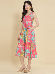 Women Pink Ethnic Motifs Digital Print Fit and Flare Midi Dress