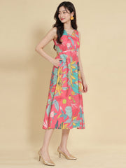 Women Pink Ethnic Motifs Digital Print Fit and Flare Midi Dress