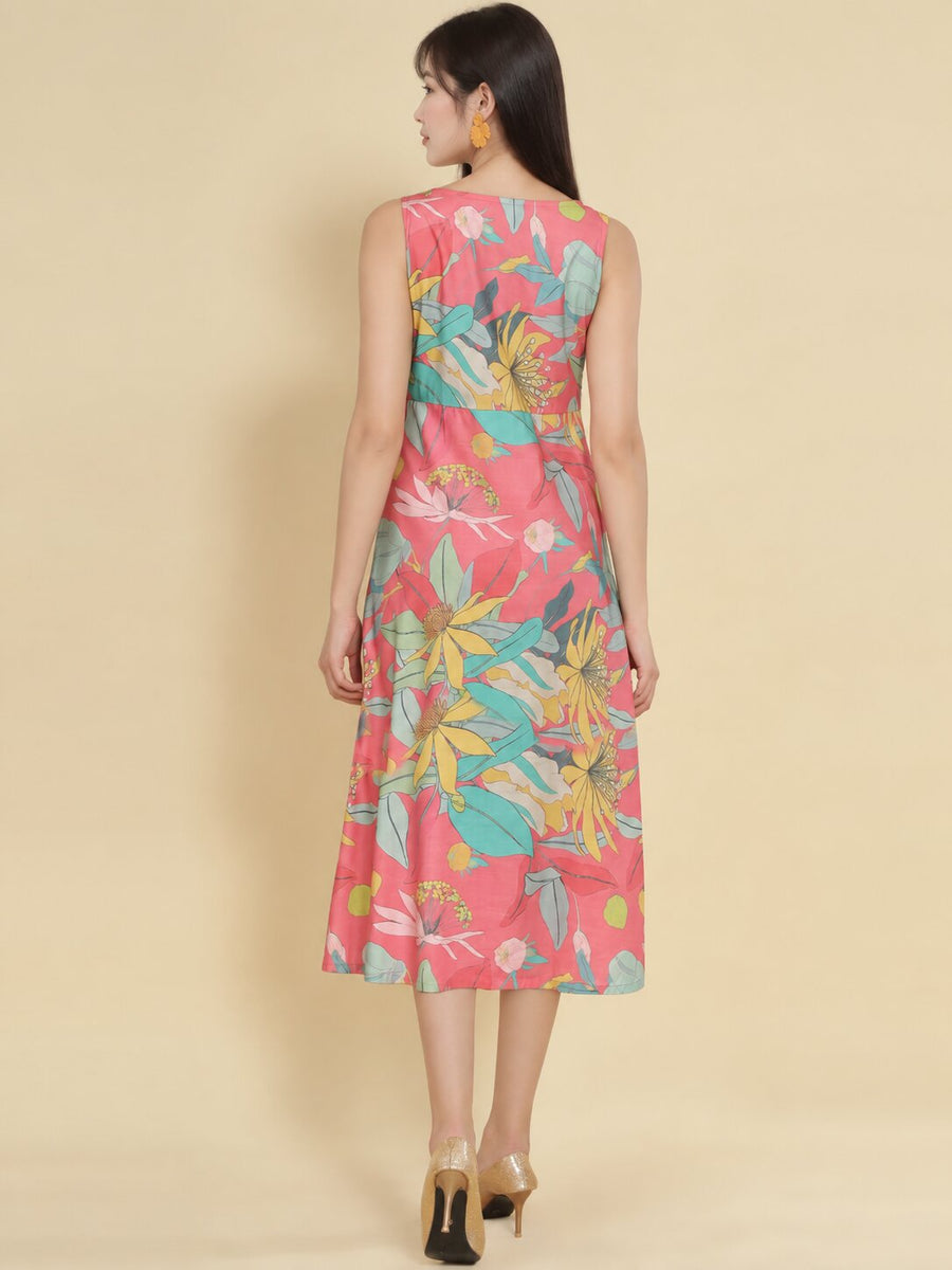 Women Pink Ethnic Motifs Digital Print Fit and Flare Midi Dress