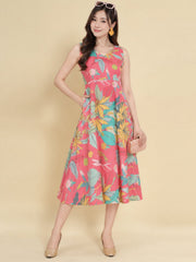 Women Pink Ethnic Motifs Digital Print Fit and Flare Midi Dress
