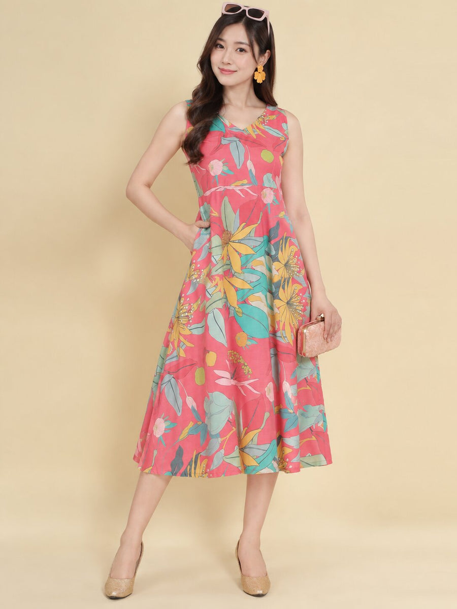 Women Pink Ethnic Motifs Digital Print Fit and Flare Midi Dress