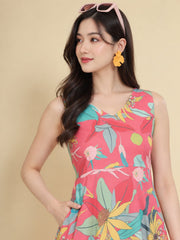 Women Pink Ethnic Motifs Digital Print Fit and Flare Midi Dress