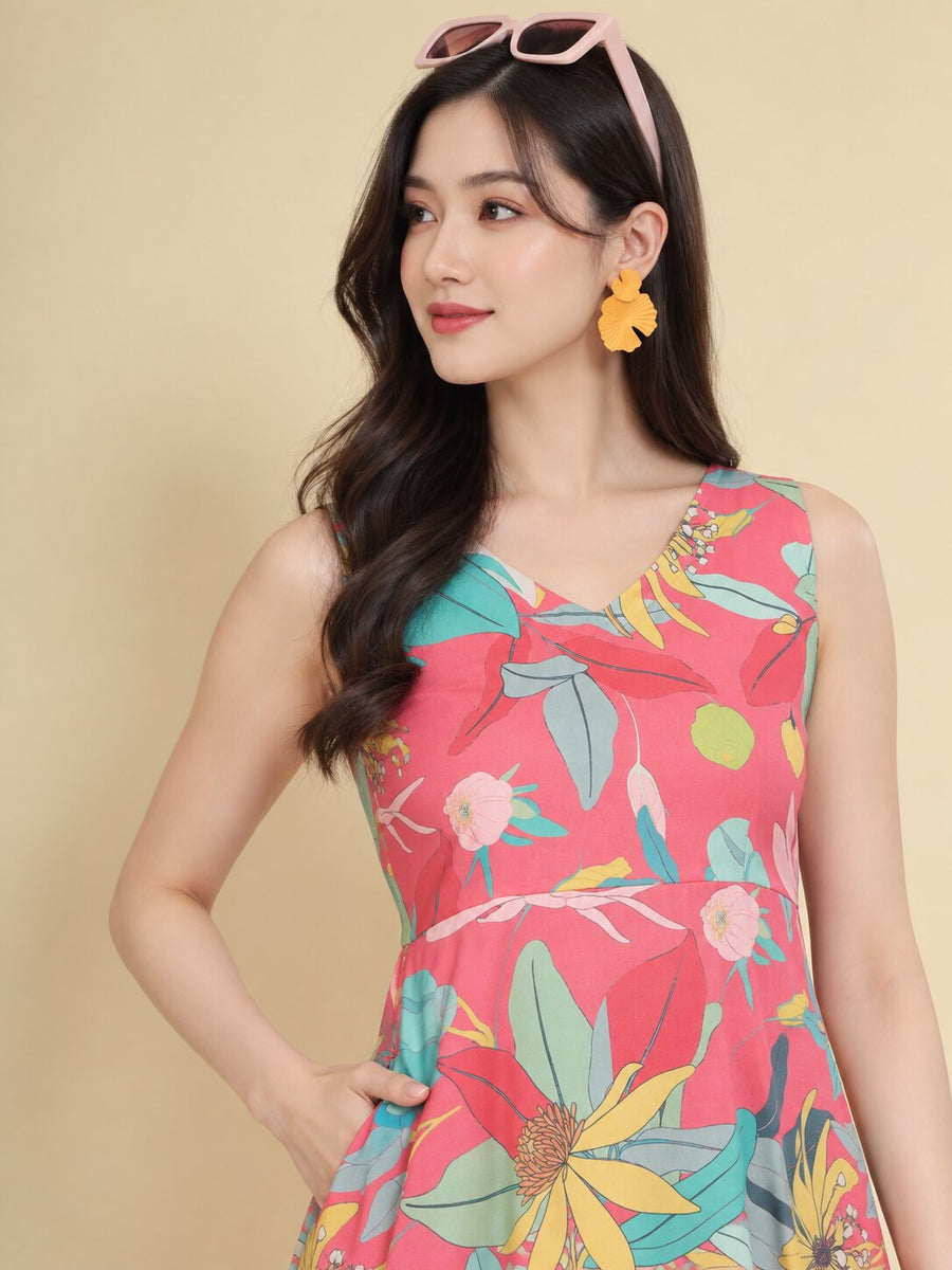 Women Pink Ethnic Motifs Digital Print Fit and Flare Midi Dress