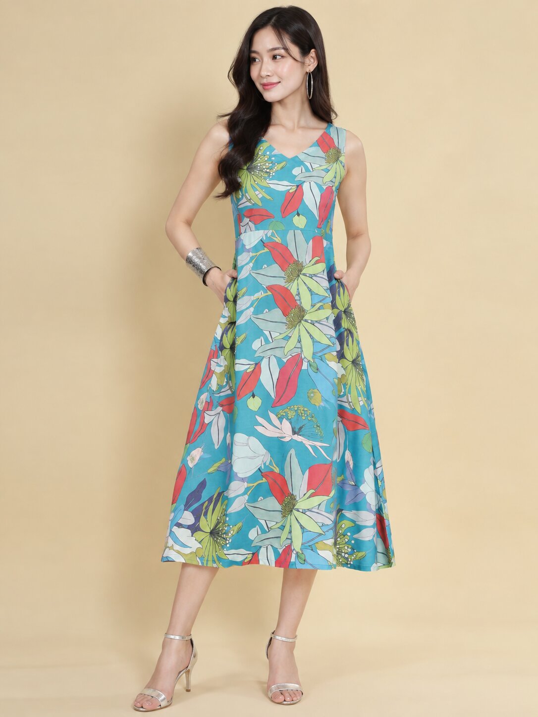 Women Teal Ethnic Motifs Digital Print Fit and Flare Midi Dress