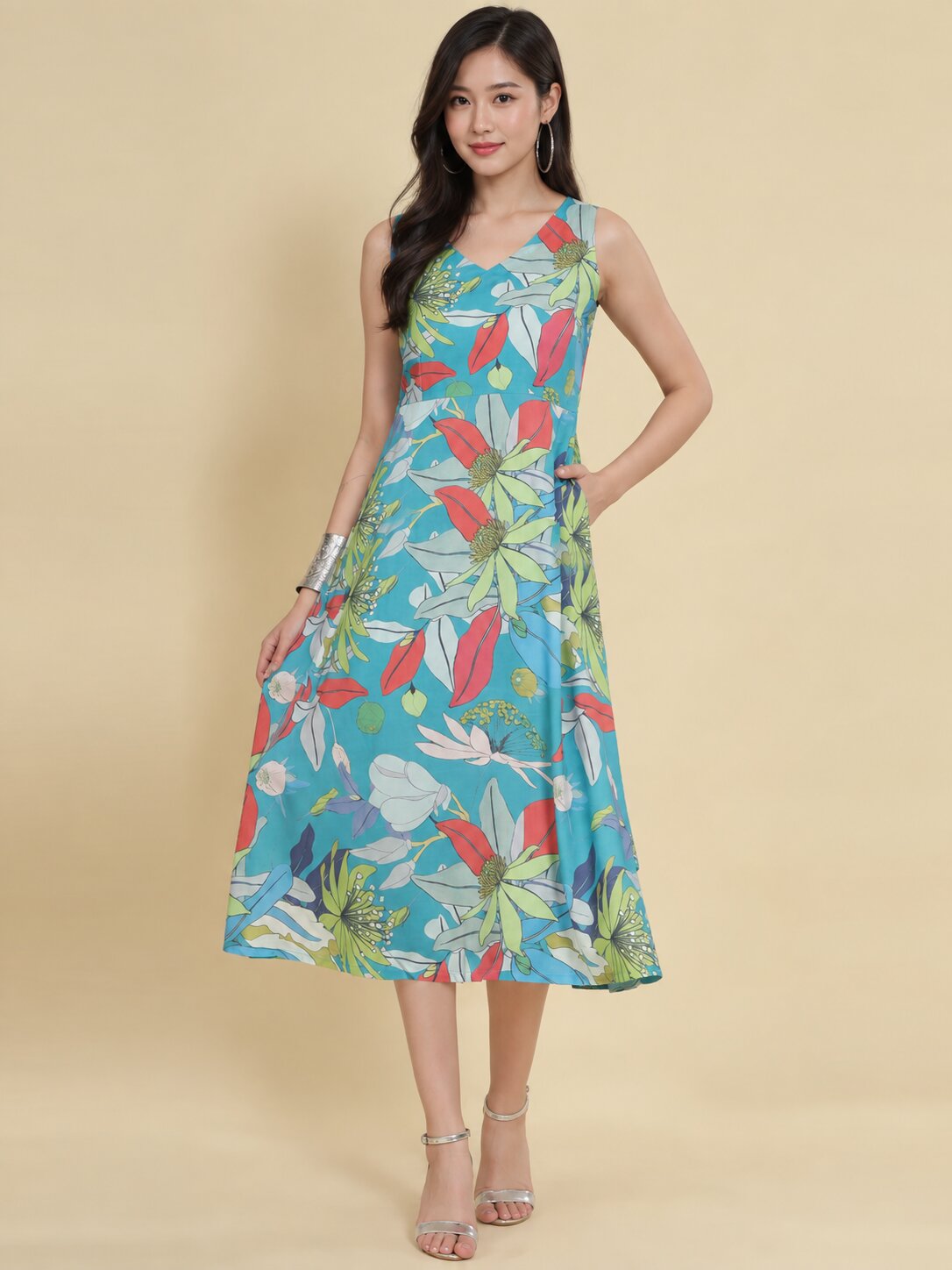 Women Teal Ethnic Motifs Digital Print Fit and Flare Midi Dress