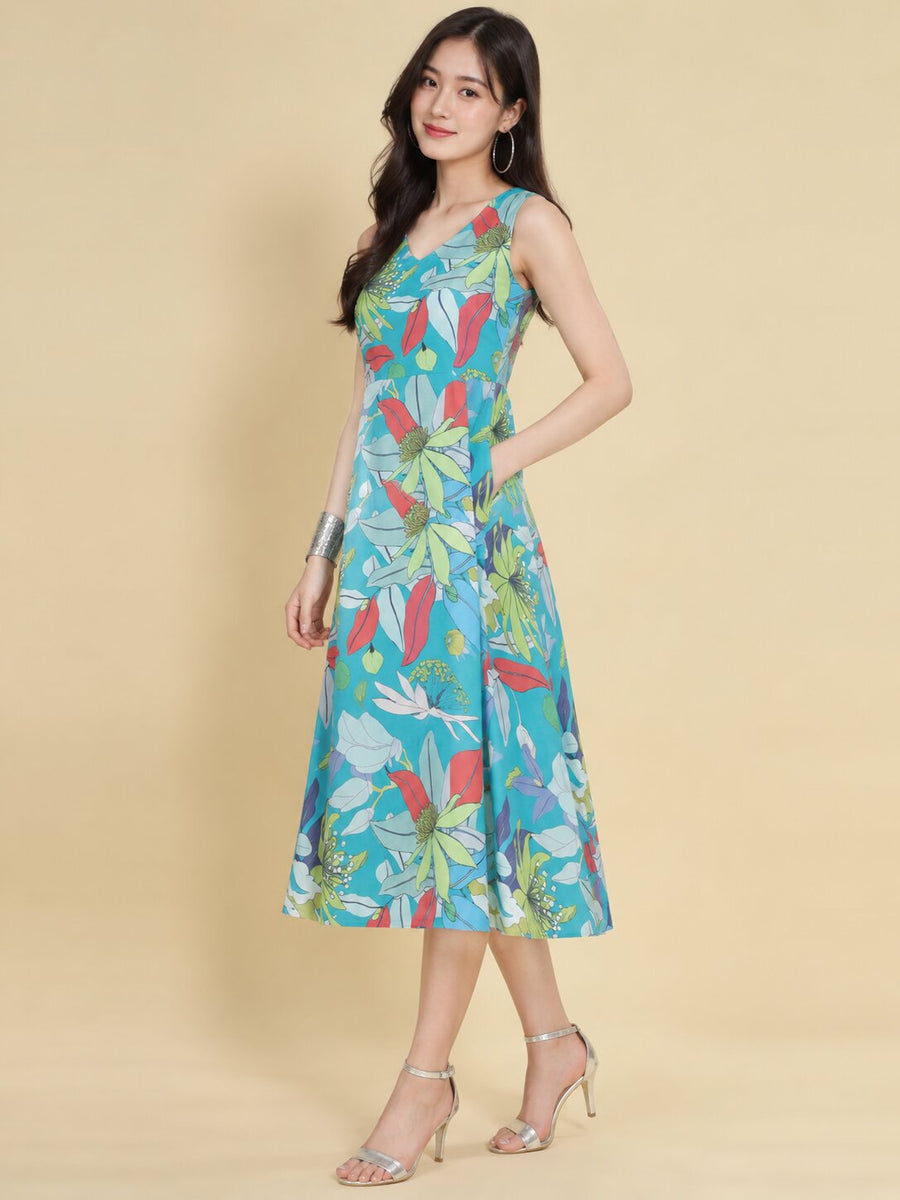 Women Teal Ethnic Motifs Digital Print Fit and Flare Midi Dress