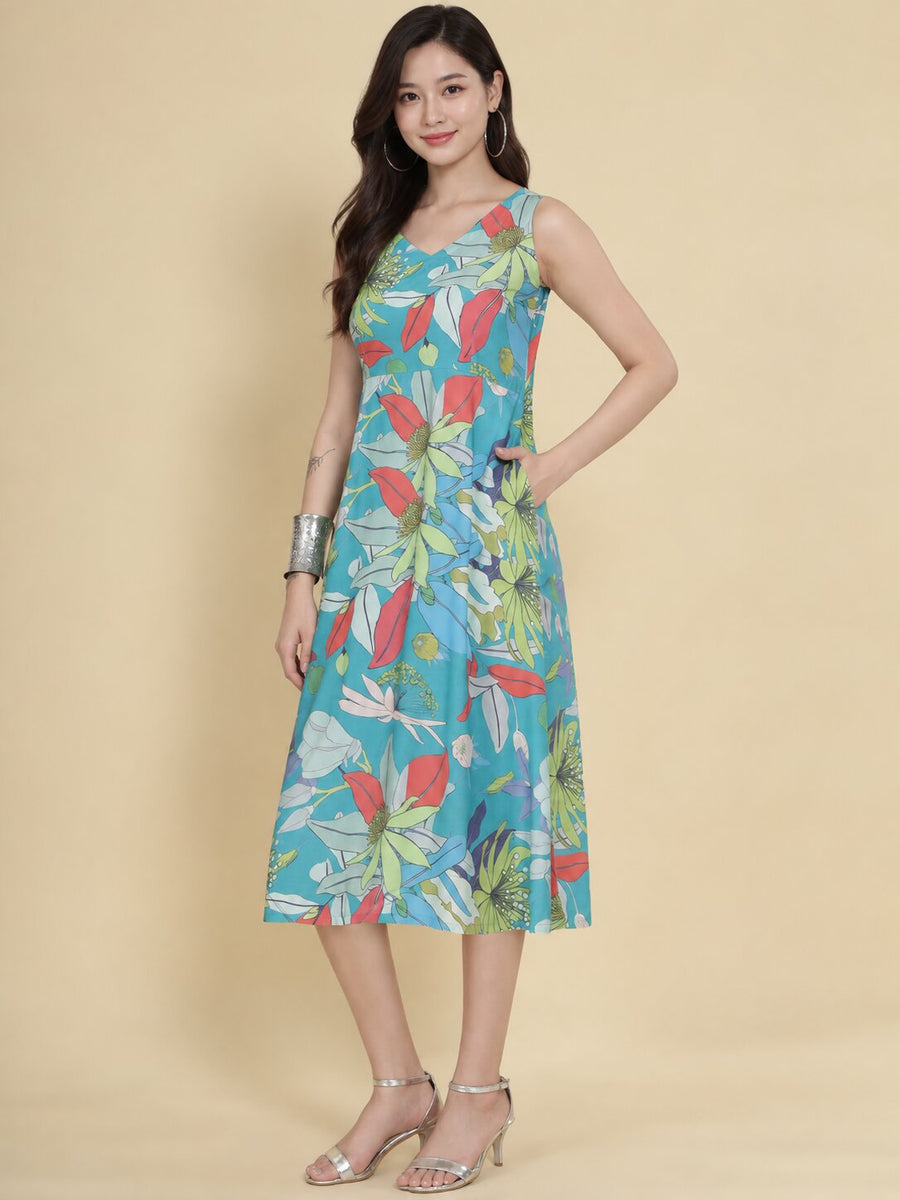 Women Teal Ethnic Motifs Digital Print Fit and Flare Midi Dress