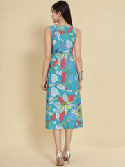 Women Teal Ethnic Motifs Digital Print Fit and Flare Midi Dress