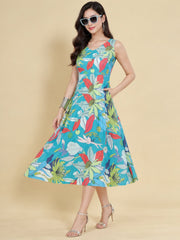 Women Teal Ethnic Motifs Digital Print Fit and Flare Midi Dress