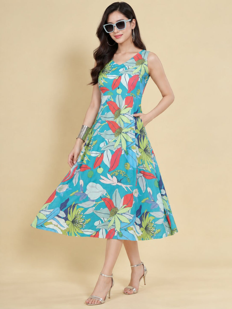 Women Teal Ethnic Motifs Digital Print Fit and Flare Midi Dress