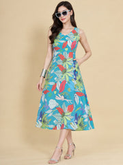 Women Teal Ethnic Motifs Digital Print Fit and Flare Midi Dress