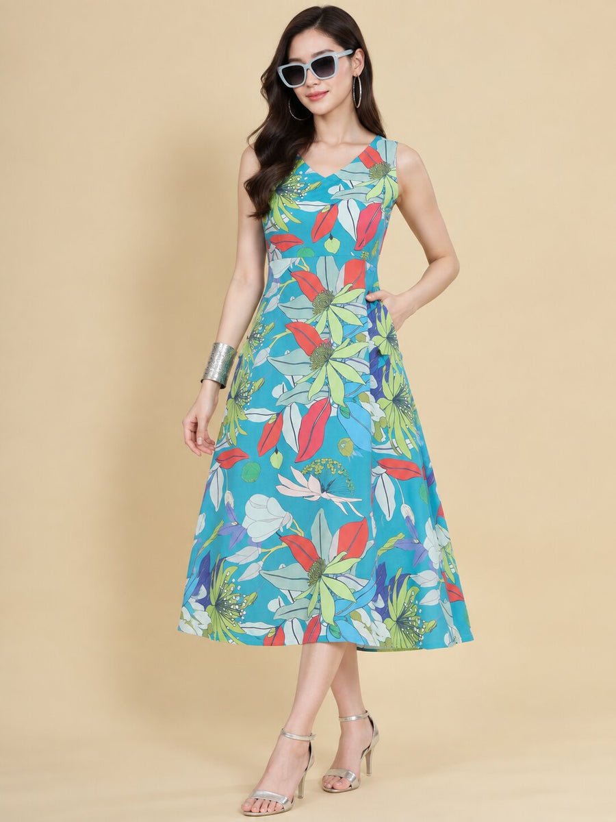 Women Teal Ethnic Motifs Digital Print Fit and Flare Midi Dress