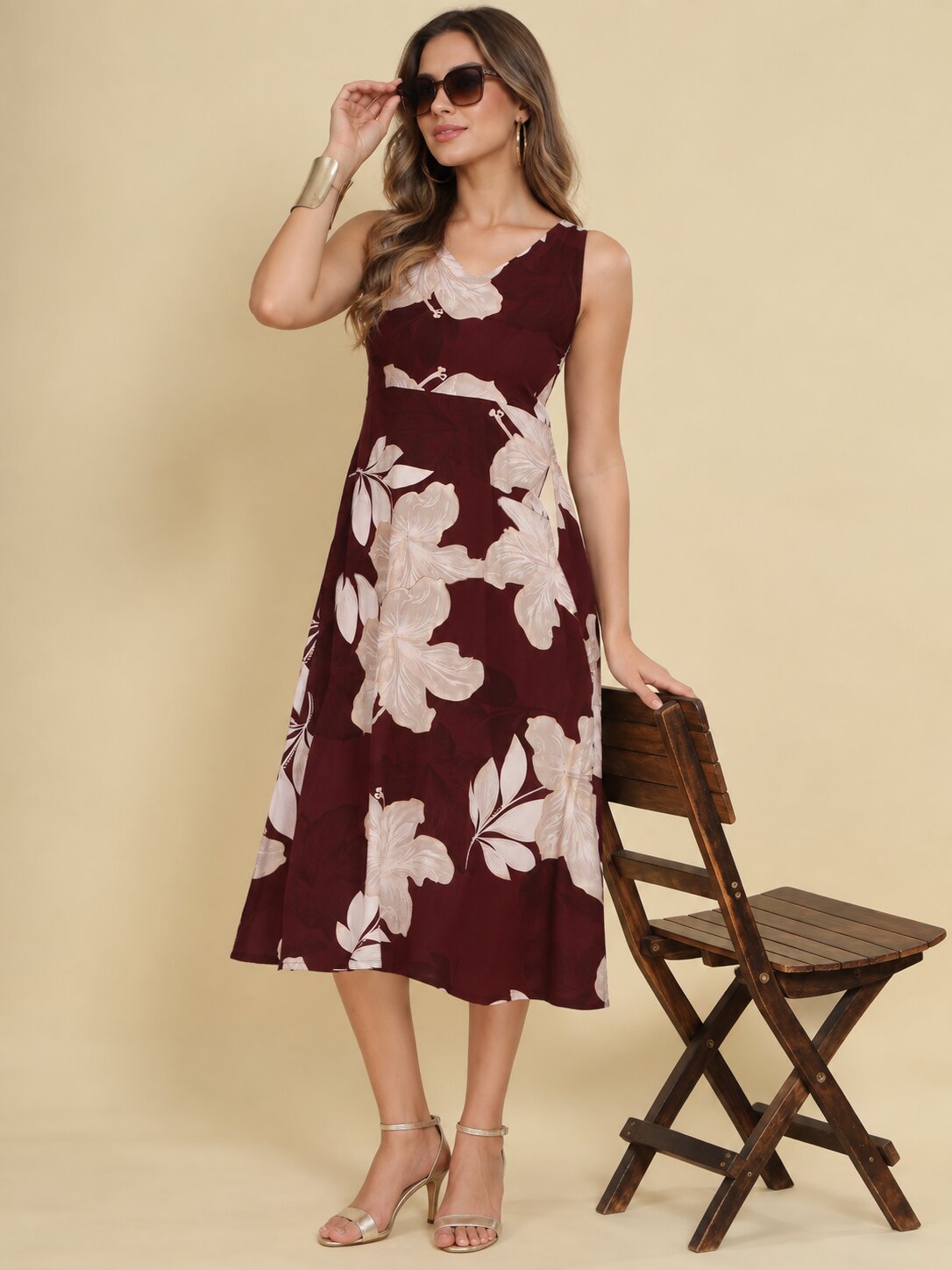 Women Burgundy Ethnic Motifs Digital Print Fit and Flare Midi Dress