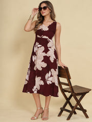 Women Burgundy Ethnic Motifs Digital Print Fit and Flare Midi Dress