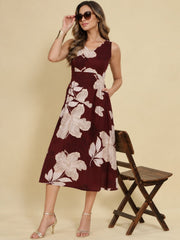 Women Burgundy Ethnic Motifs Digital Print Fit and Flare Midi Dress