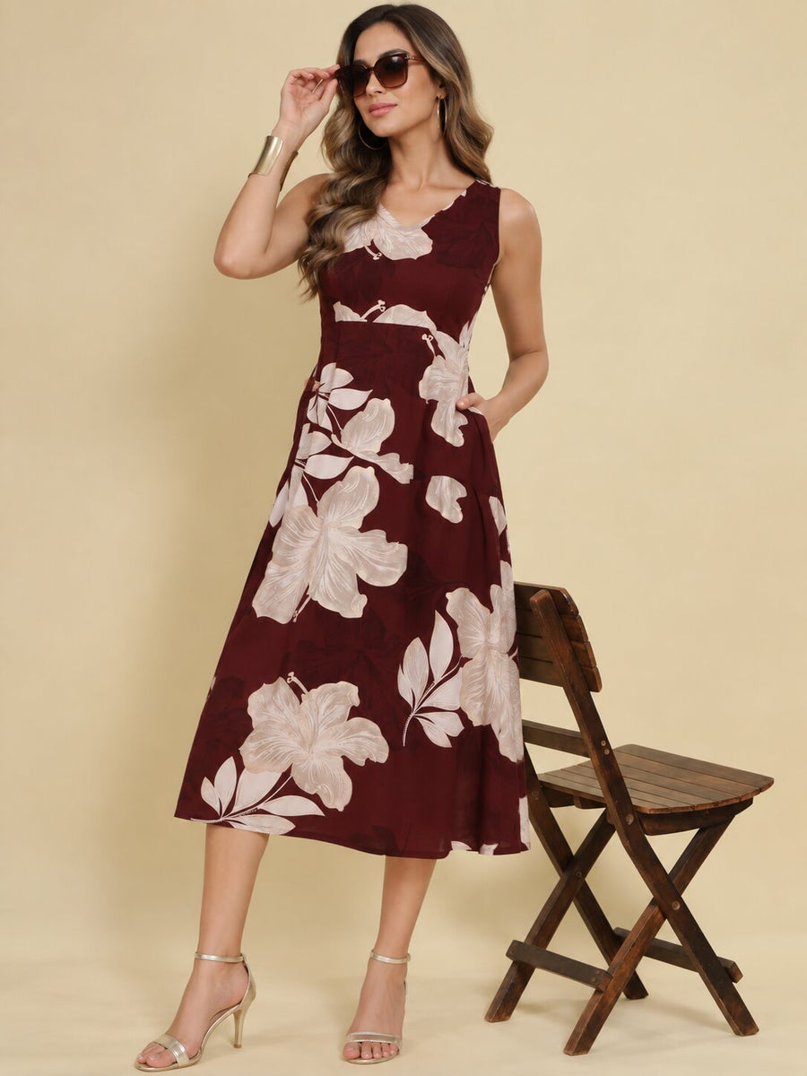 Women Burgundy Ethnic Motifs Digital Print Fit and Flare Midi Dress