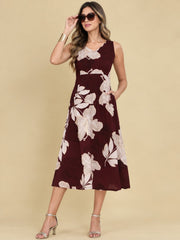 Women Burgundy Ethnic Motifs Digital Print Fit and Flare Midi Dress