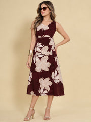 Women Burgundy Ethnic Motifs Digital Print Fit and Flare Midi Dress