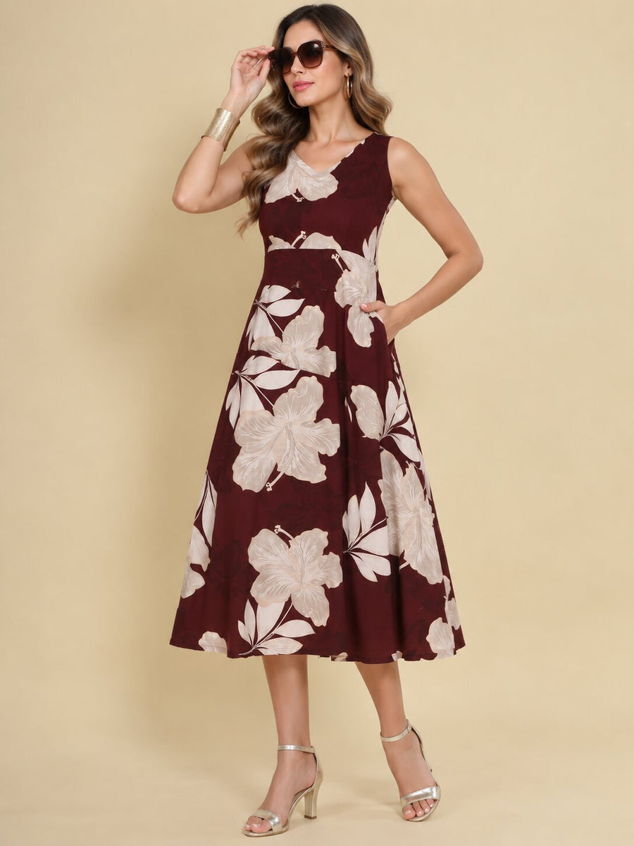 Women Burgundy Ethnic Motifs Digital Print Fit and Flare Midi Dress
