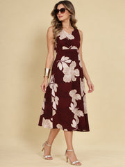 Women Burgundy Ethnic Motifs Digital Print Fit and Flare Midi Dress
