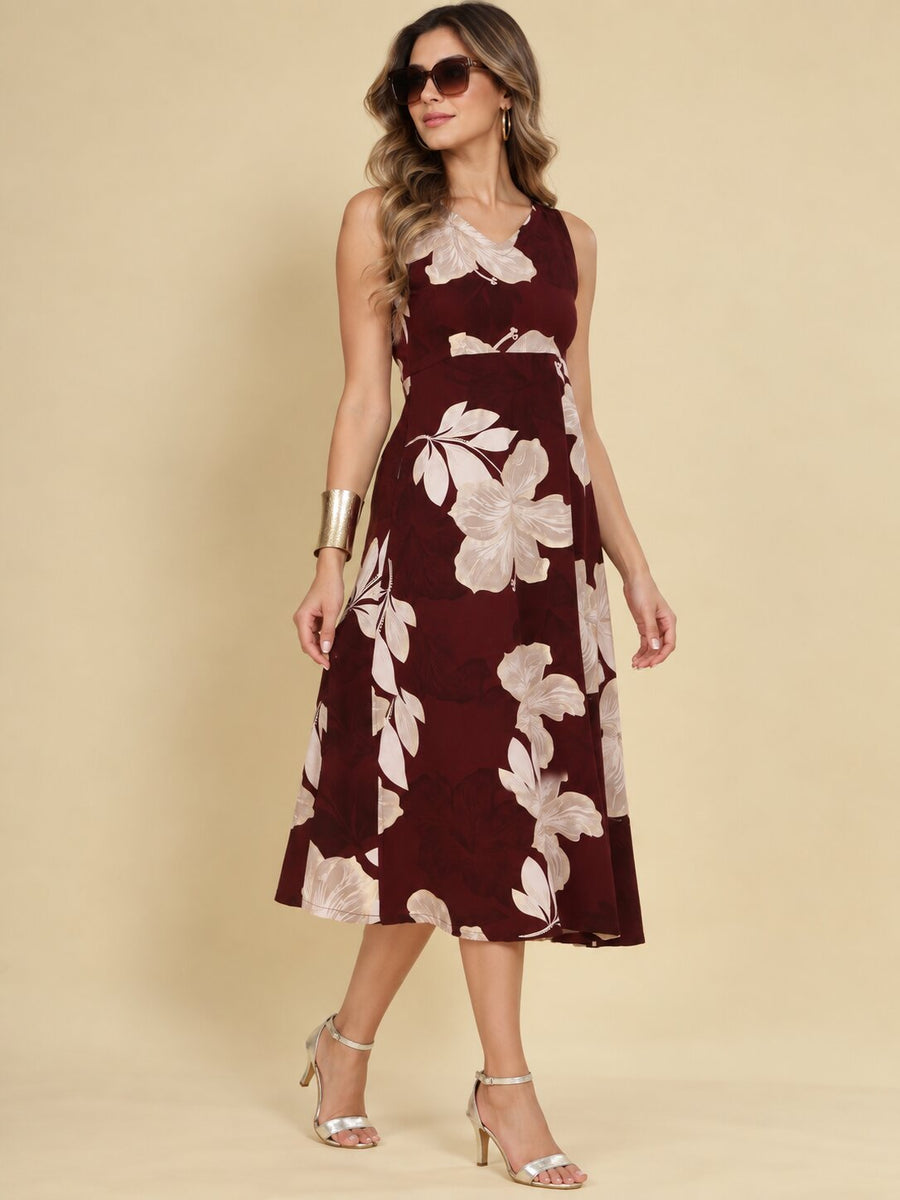 Women Burgundy Ethnic Motifs Digital Print Fit and Flare Midi Dress