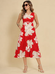 Women Red Ethnic Motifs Digital Print Fit and Flare Midi Dress