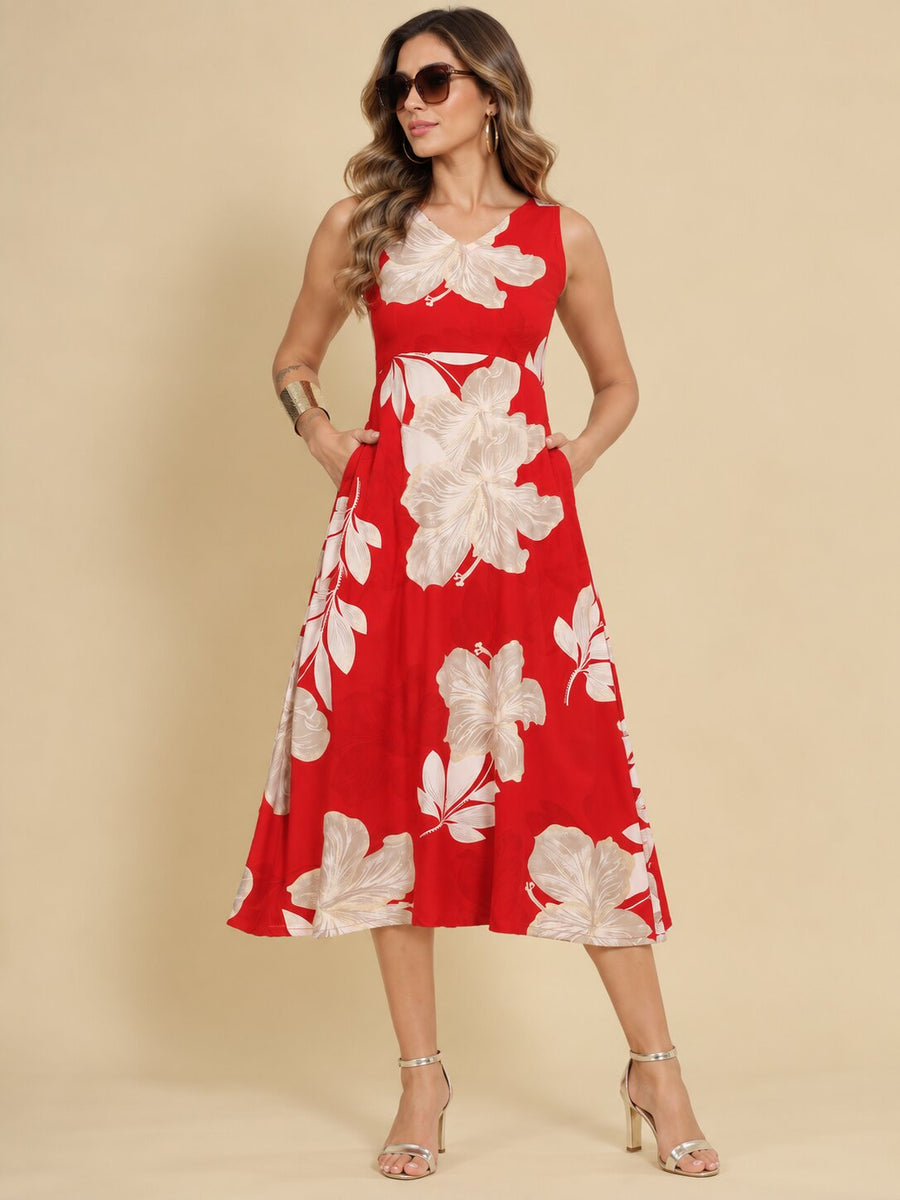 Women Red Ethnic Motifs Digital Print Fit and Flare Midi Dress