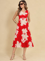 Women Red Ethnic Motifs Digital Print Fit and Flare Midi Dress