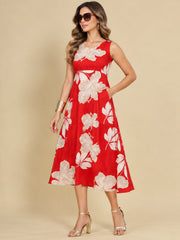 Women Red Ethnic Motifs Digital Print Fit and Flare Midi Dress